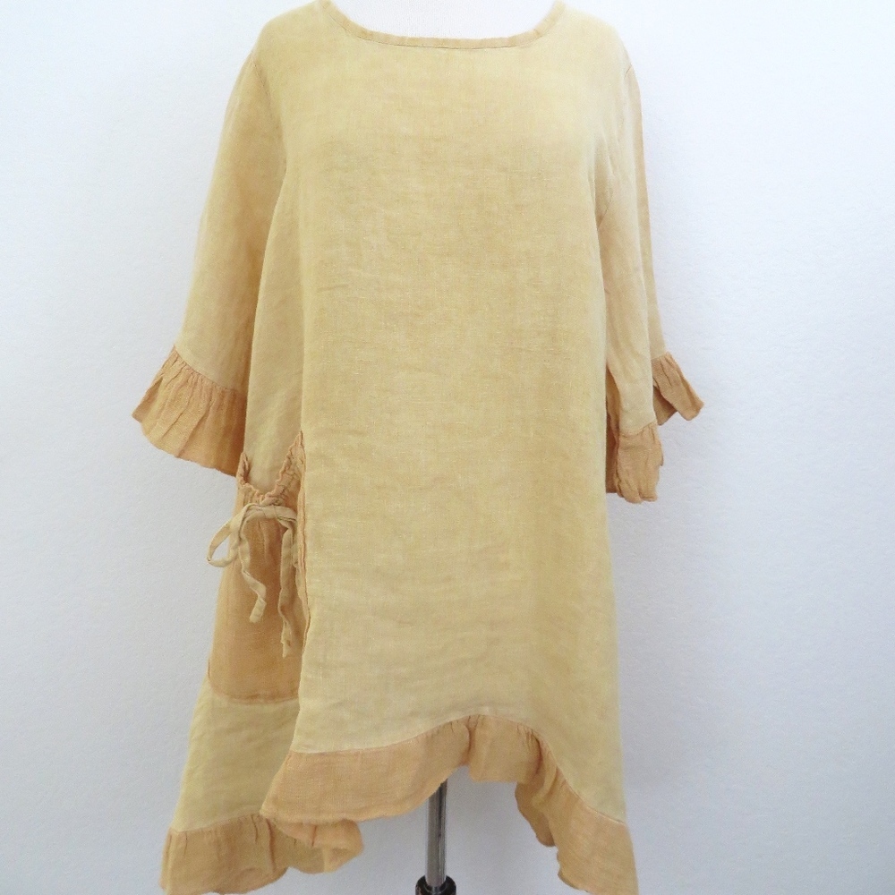ONE LEFT!  Butter Yellow Linen Ruffled Pocket Dress